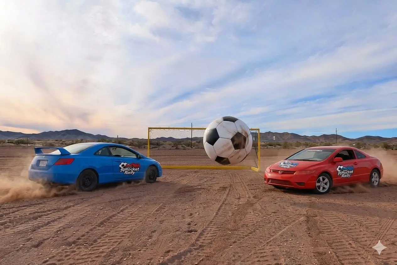 Two cars competing near the goal