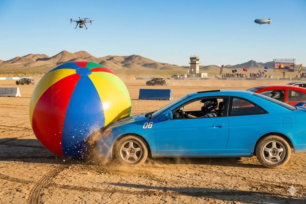 Blue car smashing giant ball in desert